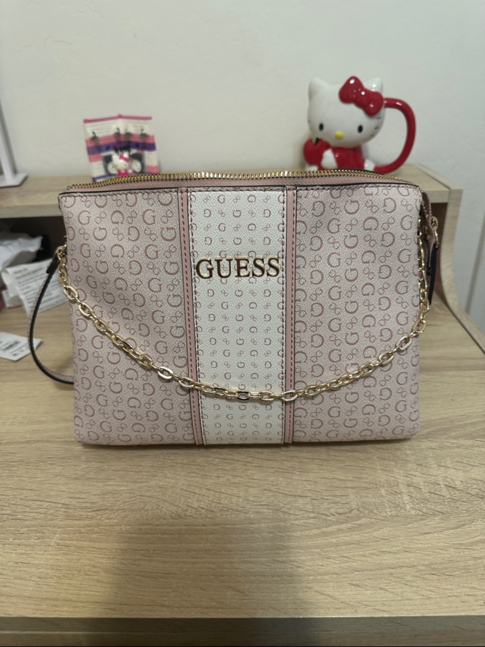 GUESS Pink and White Logo Chain Crossbody Bag